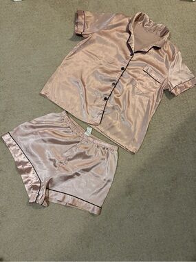 SHEIN Satin Short Pajama Set - Rose Gold with Black Trim